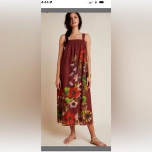 Maeve Anthropologie Beaujardin Maxi Dress in a rust brown with floral med